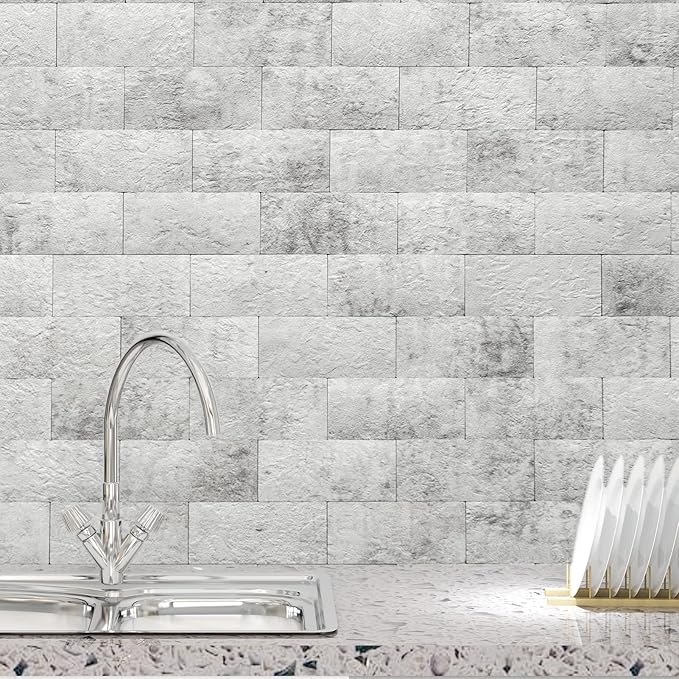 Art3d 102-Piece Backsplash Tile Peel and Stick for Stove Kitchen Bathroom Fireplace, 3in. × 6in. Stick on Subway Tile Natural Stone White