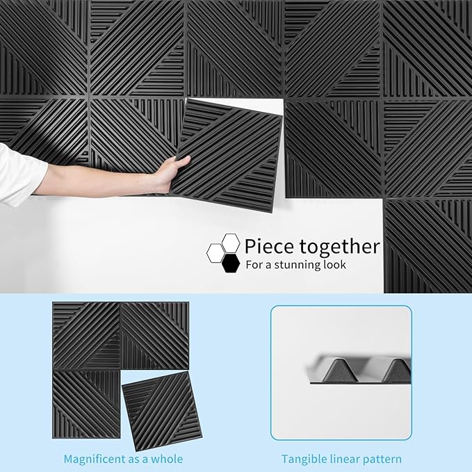 Art3d 33-Pack 3D Wall Panels for Interior Wall Decor, Textured Accent Wall Paneling for Living Room, Bedroom, TV Wall Background, 12"x12" Black