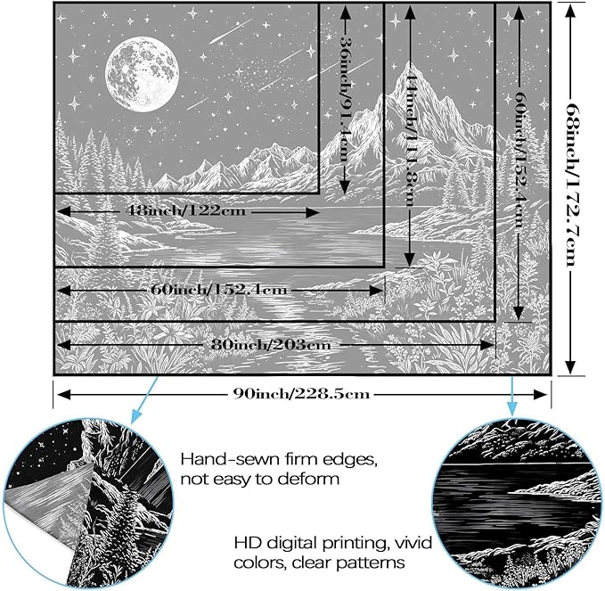 Zussun Black and White Mountain Forest Tapestry for Bedroom Aesthetic Dark Nature Lake Landscape Tapestries Wall Hanging Moon and Stars Wall Tapestry for Living Room Dorm 90 × 68 Inch