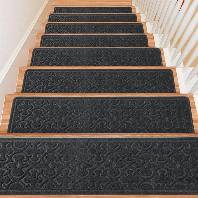 15Pcs Stair Treads for Wooden Steps With Self Adhesive, 8"x30" Non Slip Stair Runners-Peel & Stick Indoor Stair Carpet Runner, Resistant Runner for Kids, Elders and Pets, Black