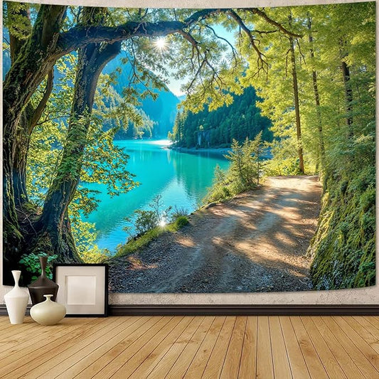 Zussun Nature Forest Mountain Tapestry Green Teal Lake Path Tapestry for Bedroom Aesthetic Lush Sunshine Landscape Large Tapestries Wall Hanging for Dorm Living Room Decor 80 x 60 Inch
