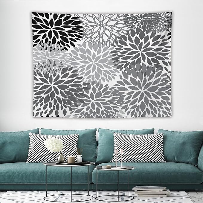 ZhiRain Black Grey Floral Tapestry Wall Hanging Boho Dahlia Chrisanthemum Flowers Pattern Tapestries Home Decor for Living Room Bedroom Farmhouse Apartment Dorm 60"x80"