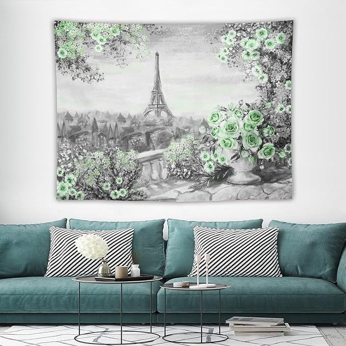 ZhiRain Vintage Paris Tapestry Wall Hanging Eiffel Tower Green Rose Flower Spring Cityscape Gray Tapestries Home Decor for Living Room Bedroom Apartment Farmhouse Dorm 60"x80"
