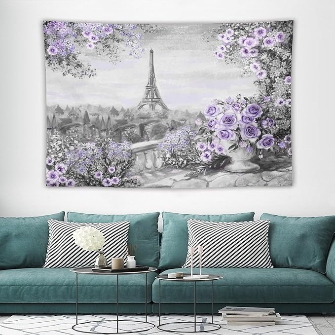 ZhiRain Vintage Paris Tapestry Wall Hanging Eiffel Tower Purple Rose Flower Spring Cityscape Gray Tapestries Home Decor for Living Room Bedroom Apartment Farmhouse Dorm 60"x90"