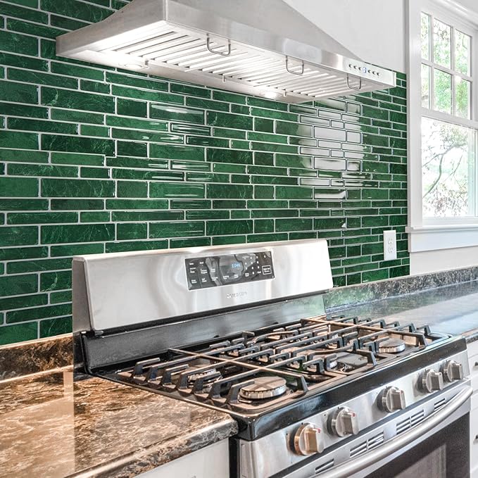 Art3d 10-Sheet Peel and Stick Backsplash Tile, Vinyl Stick On Wall Tile for Kitchen Bathroom Laundry Room, Marble Design 12" x 12" - Green