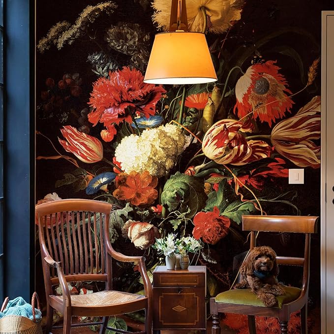 Zeeko Dark Floral Peel and Stick Wall Murals 59" W x 98" H Vintage 3D Flowers Wallpaper Self Adhesive Nature Botanical Wall Art for Bedroom TV Background Living Room Decor