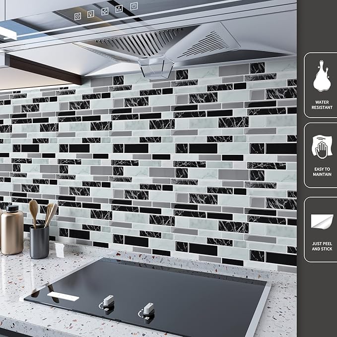 Art3d 11.8"x 11.8" Peel and Stick Vinyl Tiles, Self Adhesive Removable Stick On Kitchen Backsplash, Marble Black (10-Sheet)
