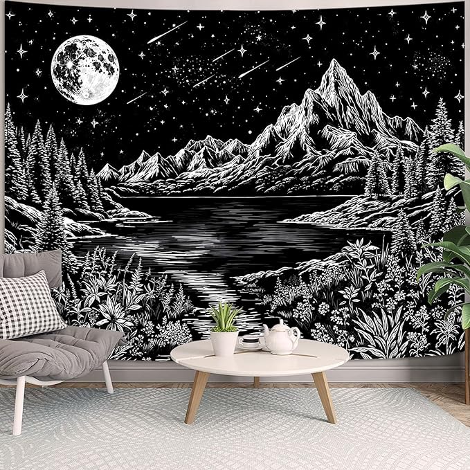 Zussun Black and White Mountain Forest Tapestry for Bedroom Aesthetic Dark Nature Lake Landscape Tapestries Wall Hanging Moon and Stars Wall Tapestry for Living Room Dorm 48 × 36 Inch