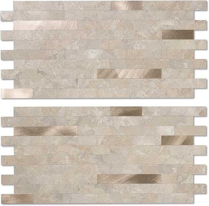 Yipscazo 40 Sheets Peel and Stick Stone Metal Backsplash, PVC Wall Tiles Stick on Tiles for Backsplash Kitchen, Bathroom, Fireplace (6'' X 12'', Beige Stone)
