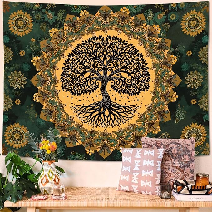 Zussun Tree of Life Tapestry Vintage Boho Mandala Tapestries for Bedroom Aesthetic Retro Bohemian Green Yellow Plant Floral Flowers Leaves Tapestry Wall Hanging for Dorm Living Room 60 x 44 Inch