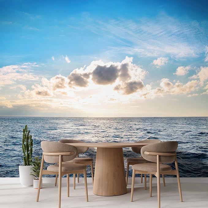 wall26 with Blue Water, Sky and Clouds. Sunset Above Seascape - Removable Wall Mural | Self-Adhesive Large Wallpaper - 108x120 inches