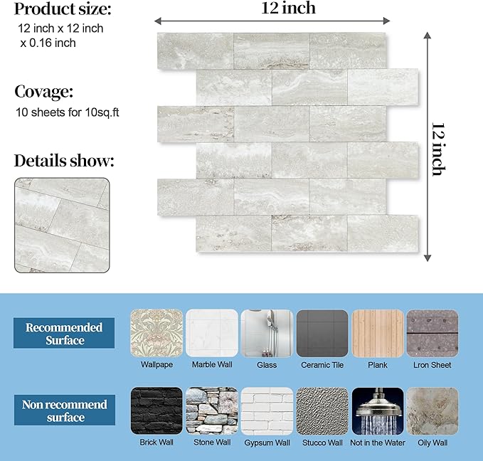 5-Pack Peel and Stick Tile Backsplash 12"X12" PVC Wall Tiles, Stick on Backsplash for Kitchen, Bathroom Tile, Fireplace Décor, Laundry Table, Stair Decals in Dolomite