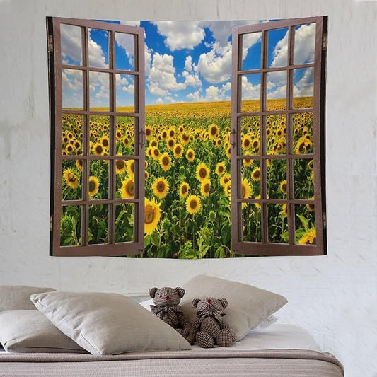 ZhiRain Sunflowers Scenery Tapestry Wall Hanging Fields Blue Sky White Clouds Landscape Tapestries Home Decor for Living Room Bedroom Farmhouse Apartment Dorm 50"x60"