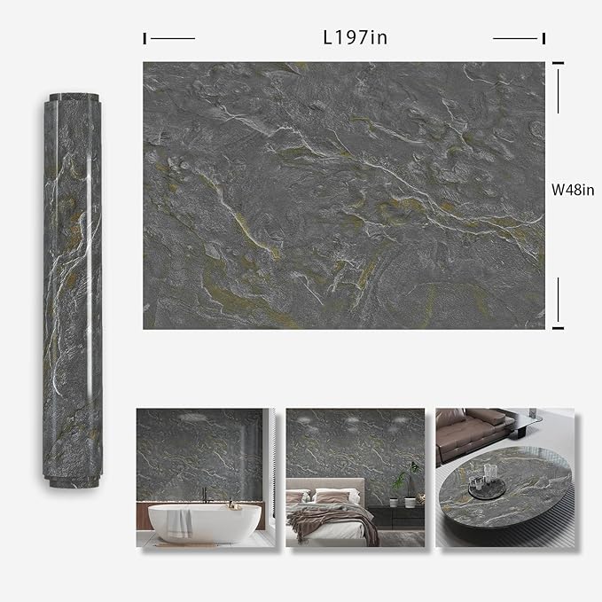 48"x197" Glossy Granite Wallpaper Peel and Stick Countertops Contact Paper Waterproof Removable Grey Gold Wall Paper for Cabinets and Drawers Self Adhesive Marble Vinyl Wallpaper for Kitchen Bathroom