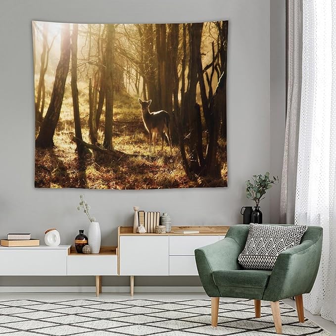 ZhiRain Forest Tapestry Wall Hanging Natural Forest And Deer at Sunset Pattern Tapestries Home Decor for Living Room Bedroom Apartment Farmhouse Dorm 50"x60"