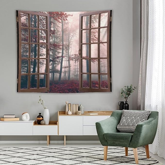 ZhiRain Nature Forest Tapestry Wall Hanging Autumn Mystic Foggy Fall Enchanted Woods Wild Trees Print Tapestries Home Decor for Living Room Bedroom Apartment Farmhouse Dorm 50"x60"