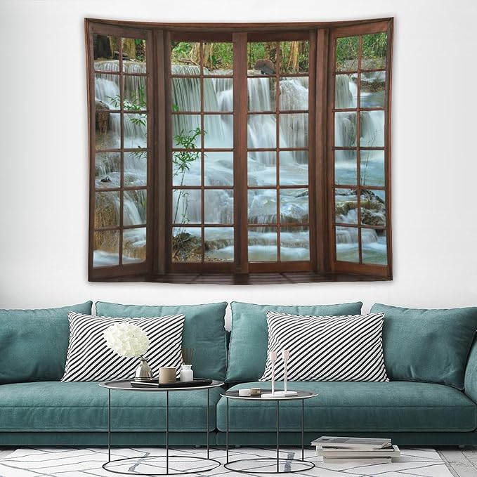 ZhiRain Nature Waterfall Landscape Tapestry Wall Hanging Forest Bamboo Garden Jungle Stream Scenery Tapestries Home Decor for Living Room Bedroom Apartment Farmhouse Dorm 50"x60"