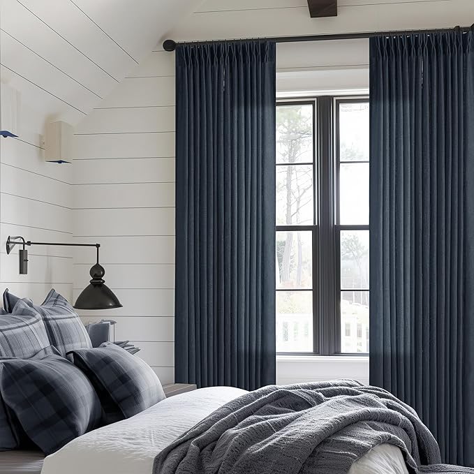 80 Inch Pinch Pleated Linen Curtains 2 Panels Set for Living Room Bedroom Boho Farmhouse Light Filter Navy Blue Indigo Semi Sheer Back Tab Pinch Pleat with Hooks Rings Window Curtain 80 Inches Long