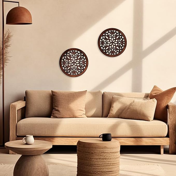 Woodify Hand-Carved Wooden Wall Décor – Set of 2, 12" x 12" Decorative Wood Panels, Floral Design, Natural Burnt Finish, Wall Art for Living Room & Home Décor