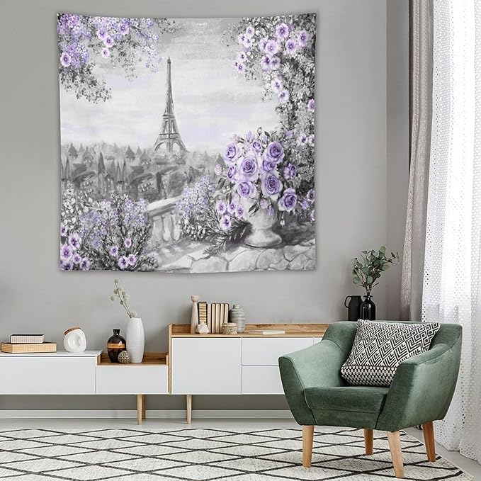 ZhiRain Vintage Paris Tapestry Wall Hanging Eiffel Tower Purple Rose Flower Spring Cityscape Gray Tapestries Home Decor for Living Room Bedroom Apartment Farmhouse Dorm 60"x60"