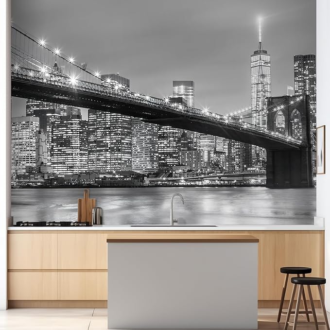 wall26 Brooklyn Bridge and New York City Manhattan Downtown Skyline at Dusk with Skyscrapers Removable Wall Mural Self-Adhesive Large Wallpaper - 48x72 inches