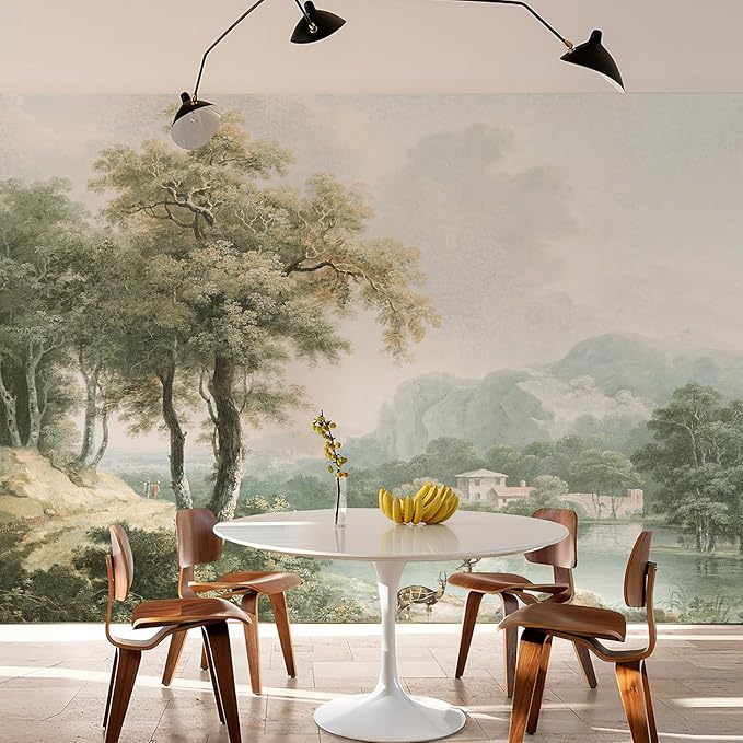 Zeeko Vintage Forest Wall Mural Peel and Stick 148"x98" Canvas Waterproof Self-Adhesive Removable Wallpaper for Bedroom Living Room Green Countryside Landscape Wall Art Decor