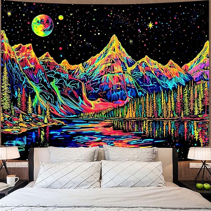 Zussun Blacklight Mountain Forest Tapestry for Bedroom Aesthetic Hippie Pine Tree River Lake Tapestries Wall Hanging Glow in The Dark Moon and Stars Wall Tapestry for Living Room Dorm 48 × 36 Inch