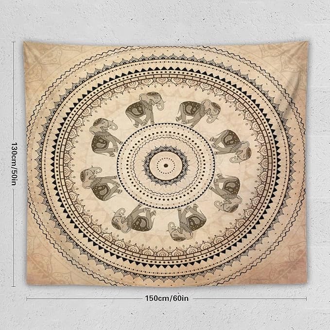 AAVEUP Indian Hippie Bohemian Psychedelic Tapestry Bohemian Brown Abstract Geometric Mandala Flower Vintage Elephant Texture Tapestries for Bedroom Dorm Living Room Decor 50x60in