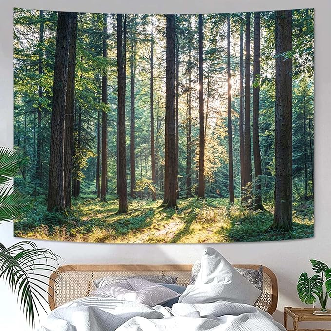 Zussun Nature Forest Tapestry Green Woodland Tree Wall Tapestry for Bedroom Aesthetic Sunshine Landscape Small Tapestries Wall Hanging for Dorm Living Room Decor 48 x 36 Inch
