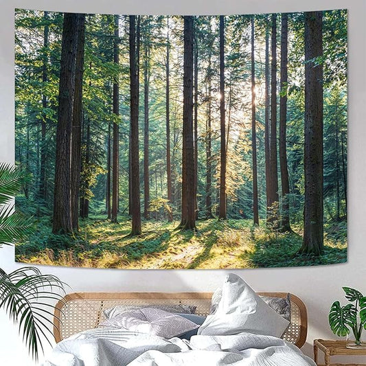 Zussun Nature Forest Tapestry Green Woodland Tree Wall Tapestry for Bedroom Aesthetic Sunshine Landscape Small Tapestries Wall Hanging for Dorm Living Room Decor 48 x 36 Inch