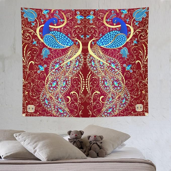 ZhiRain Peacock Ornament Tapestry Wall Hanging Golden Red Background Elegant Bohemian Style Tapestries Home Decor for Living Room Bedroom Farmhouse Apartment Dorm 50"x60"