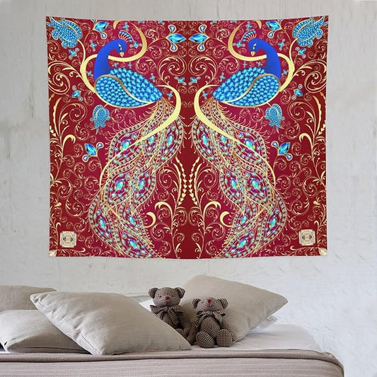 ZhiRain Peacock Ornament Tapestry Wall Hanging Golden Red Background Elegant Bohemian Style Tapestries Home Decor for Living Room Bedroom Farmhouse Apartment Dorm 50"x60"