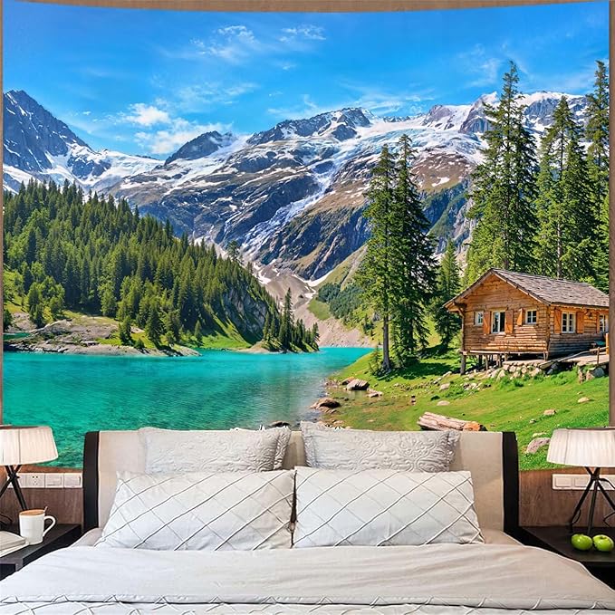 Zussun Nature Mountain Forest Tapestry Green Pine Tree Stream Wall Tapestry for Bedroom Aesthetic Wooden Cabin Snowy Landscape Small Tapestries Wall Hanging for Dorm Living Room Decor 48 x 36 Inch