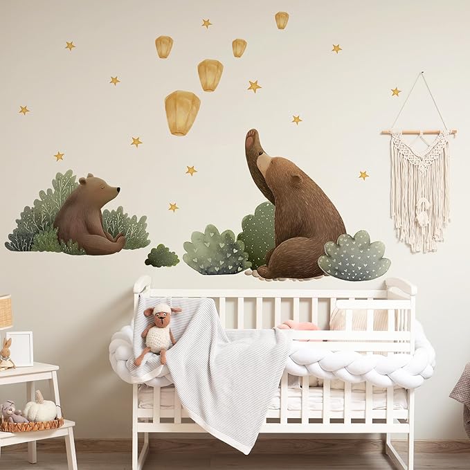 Animal Bear Moon Stars Wall Decal,Removable Cute Animal Bear Wall Sticker for Nursery Kid Baby Bedroom Living Room Playing Room Murals