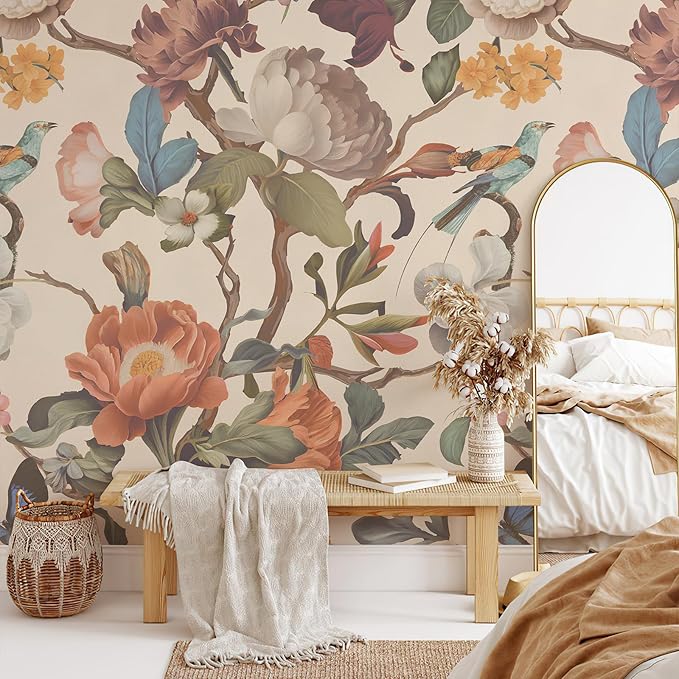 Zeeko Floral Peel and Stick Wall Mural Beige Flower Wallpaper for Bedroom TV Background Vintage Wallpaper Large Floral Wall Murals Art Deco 148" W x 98" H