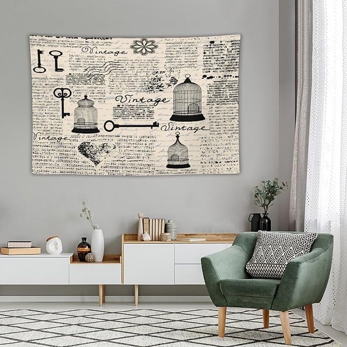 ZhiRain Old Newspaper Tapestry Wall Hanging Bird Cages Grunge Retro Pattern Keys Heart Shapes And Flower Tapestries Home Decor for Living Room Bedroom Apartment Farmhouse Dorm 60"x90"