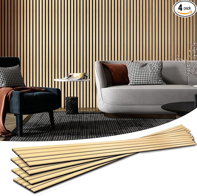 Art3d 4-Piece Wood Slat Acoustic Panels for Stylish Decor and Noise Reduction, 3D Textured Panel for Ceiling and Wall, Oak
