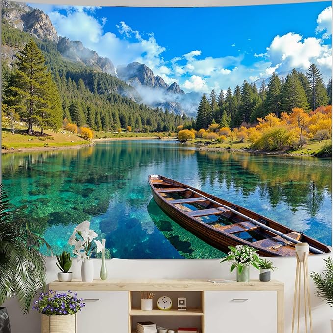 Zussun Nature Mountain Forest Tapestry Green Pine Tree Wall Tapestry for Bedroom Aesthetic Stream Boat Landscape Small Tapestries Wall Hanging for Dorm Living Room Decor 48 x 36 Inch