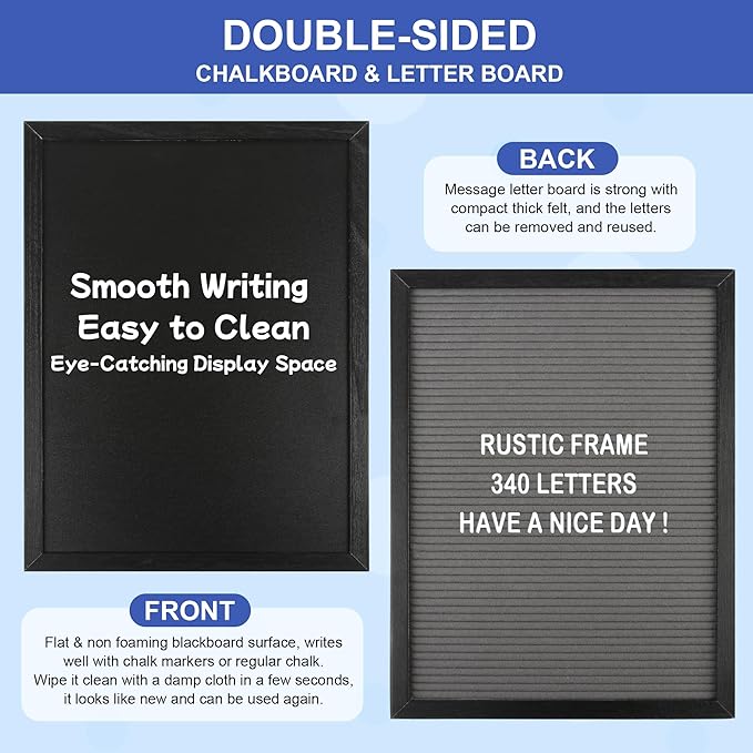 12x16 inch Double Sided Chalkboard and Felt Letter Board with Stand - Reversible Wooden Frame Easel for Menu, Announcements, Home, Office, Cafe, Restaurant Decor