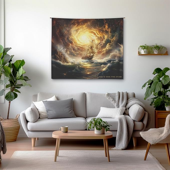 Xolytar Fantasy Pirate Ship Tapestry Set Sail - Dark Academia Room Decor, Vintage Nautical Ocean Storm Wall Art, Motivational Quote for Boys Bedroom, Man Cave (50x60)