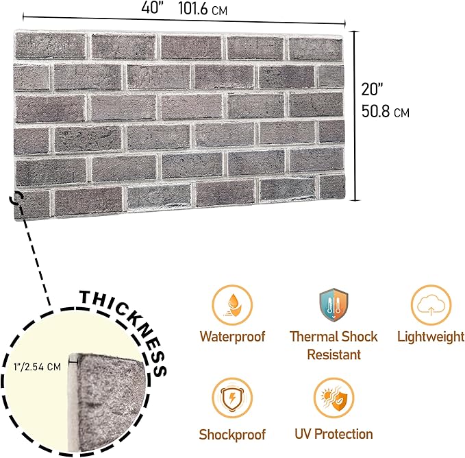 3D Faux Brick Wall Panels – Lightweight Styrofoam Cladding for Interior & Exterior Use | DIY Decorative Panels | 2 Pack (40"x20") | Ideal for Living Room, Kitchen, Outdoor Walls Silverstone