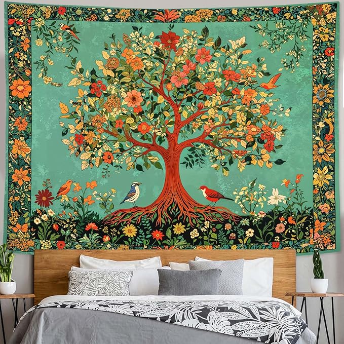 Zussun Boho Tree of Life Tapestry Vintage Nature Green Pink Plant Floral Flowers Leaves Birds Tapestries for Bedroom Aesthetic Retro Indian Tapestry Wall Hanging for Dorm Living Room 90 x 68 Inch