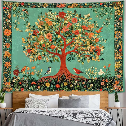 Zussun Boho Tree of Life Tapestry Vintage Nature Green Pink Plant Floral Flowers Leaves Birds Tapestries for Bedroom Aesthetic Retro Indian Tapestry Wall Hanging for Dorm Living Room 90 x 68 Inch