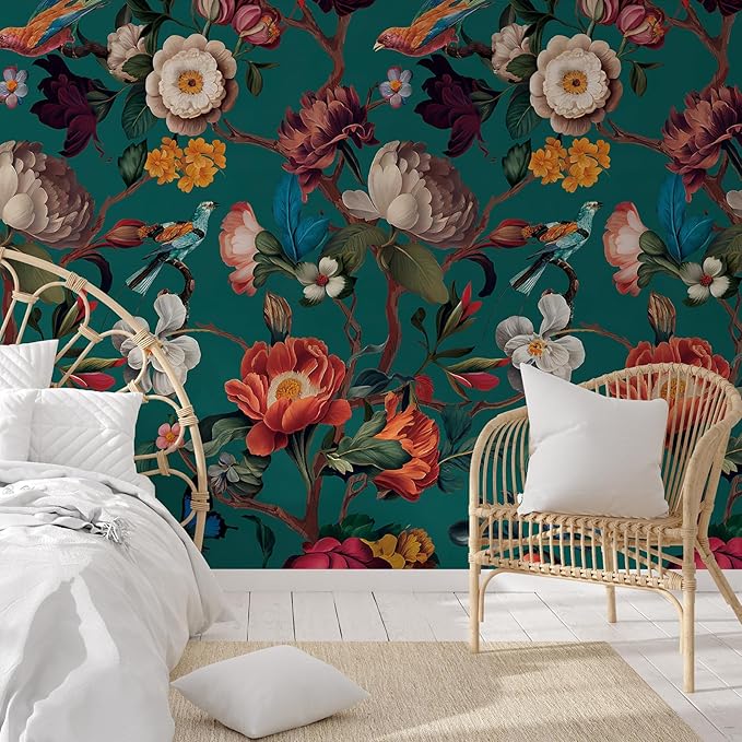 Zeeko Floral Wall Mural Peel and Stick Wallpaper 148" W x 98" H Removable Large Mural Vintage Wall Paper Self-Adhesive Wall Mural for Bedroom Livingroom Home Art Decor Dark Blue Mural Wallpaper