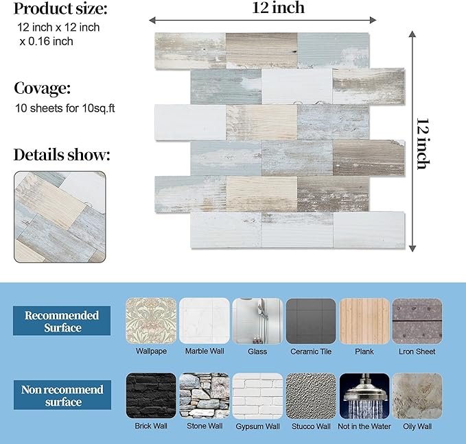 10-Pack Peel and Stick Tile Backsplash 12"X12" PVC Wall Tiles, Stick on Backsplash for Kitchen, Bathroom Tile, Fireplace Décor, Laundry Table, Stair Decals in Vintage Wood Grain