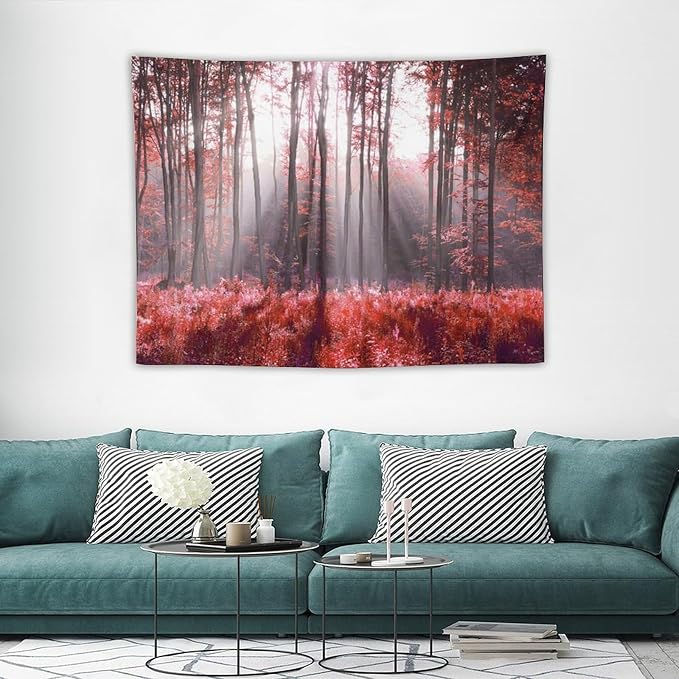 ZhiRain Red Forest Tapestry Wall Hanging Season Foggy Nature And Enchanted Woods Wild Trees Print Tapestries Home Decor for Living Room Bedroom Apartment Farmhouse Dorm 30"x40"