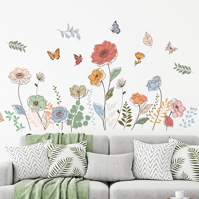 Zonon 6 Pcs Flowers Wall Decals Stickers Vinyl Removable Peel and Stick Colorful Dragonflies Floral Wall Murals Decor for Bedroom Living Room Nursery(Bohemian)