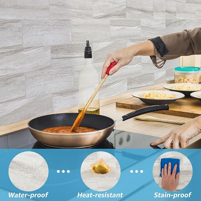 Art3d 102-Piece Faux Stone Peel and Stick Backsplash Tile, Waterproof Thick PVC Stick On Subway Wall Tile for Kitchen Bathroom Laundry Room Fireplace - 3" x 6" Biege Marble