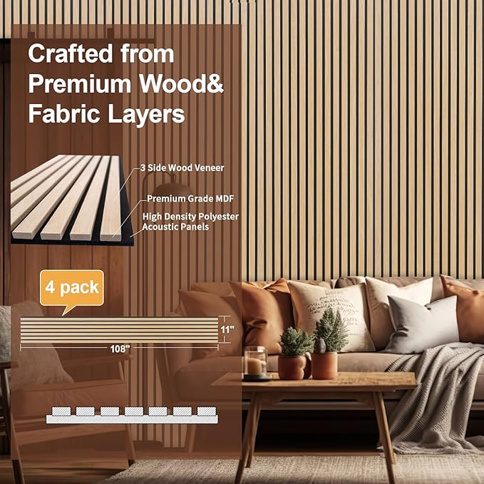 Yuzzy Wood Panels for Wall and Ceiling - 108 x 11 Inch Wood Slat Acoustic Panels 4 PCS - Modern Sound Absorbing Wall Panels for Interior Wall Decor for Home, Office, Studio - Rustic Oak