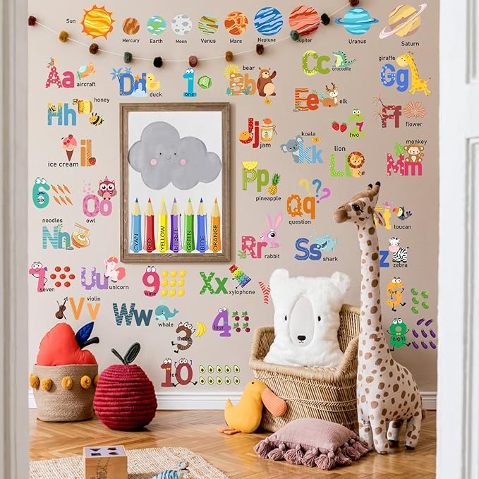 Animal Alphabet Numbers Colour Decals Stickers, ULENDIS ABC Letters Pens Space Planets Educational Wall Decals, Peel and Stick Removable Wall Decors for Toddlers Classroom Bedroom Nursery Playroom